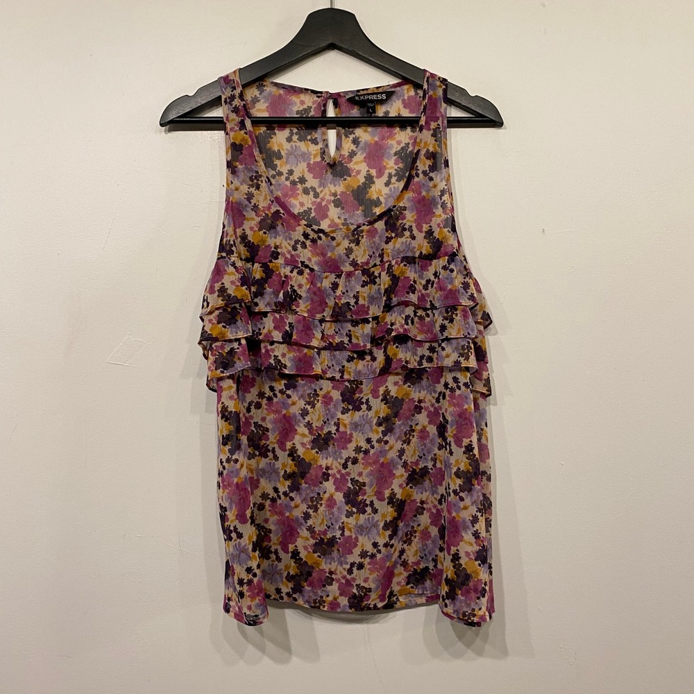 Express Womens Floral Ruffle Tiered Sleeveless Blouse Purple Yellow Large